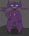  3_fingers angry angry_eyes annoyed annoyed_expression anthro big_butt butt cave dialogue digital_media_(artwork) fingers gem gem_eyes generation_3_pokemon genitals hi_res humanoid imp male nintendo nipples nude penis pixel_(artwork) pokemon pokemon_(species) profanity purple_body sableye shaded short_stack simple_background simple_shading small_penis solo solo_focus text thick_thighs toridiaz video_games 