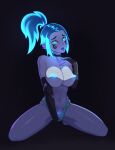  1girl absurdres black_background black_choker blue_eyes blue_hair blue_nipples breasts bridal_gauntlets choker cleavage colored_nipples danny_phantom ember_mclain glowing highres large_breasts looking_at_viewer masturbation navel open_mouth panties parted_lips ponytail silfra_blue simple_background solo underwear 