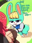  &lt;3 animal_crossing anthro big_butt big_penis blonde_hair bottomless bottomwear bulge butt clothed clothing cross-popping_vein duo english_text genitals green_body hair hi_res lagomorph leg_markings leporid male mammal markings nintendo pants penis question_mark rabbit red_hair sasha_(animal_crossing) socks_(marking) text theyeager thick_thighs topwear vest video_games wide_hips 