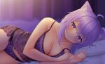  1girl ahoge animal_ears blush bra breasts cat_ears cleavage highres hololive kotone_neruneru large_breasts lingerie lying nekomata_okayu on_bed on_side panties pillow purple_bra purple_eyes purple_hair purple_panties smile strap_slip underwear virtual_youtuber 