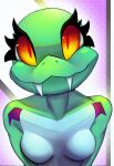  alipse anthro breasts fangs featureless_breasts female green_body green_skin hi_res looking_at_viewer multicolored_body orange_eyes reptile scalie snake solo two_tone_body 