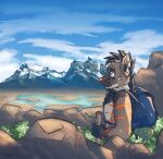  anthro ashentail blue_eyes clear_sky dark_body dark_fur digital_media_(artwork) digital_painting_(artwork) fur hi_res hyaenid landscape landscape_background landscape_painting lkias male mammal mountain orange_body orange_fur outside solo 