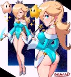  1girl absurdres aqua_eyes aqua_leotard artist_name ass blonde_hair blue_leotard breasts choker closed_eyes closed_mouth crown earrings full_body high_heels highres jewelry large_breasts leotard lips long_hair luma_(mario) mario_(series) multiple_views parted_lips rosalina sarukaiwolf signature star_(symbol) star_earrings star_wand super_mario_galaxy thighs wand white_choker 