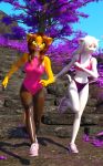  3d_(artwork) anthro biped bottomwear clothed clothing digital_media_(artwork) domestic_cat duo elaie felid felin feline felis female footwear hair jogging kawaoneechan leotard letrune mammal outside shoes sky sneakers topwear 