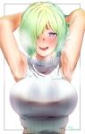  1girl armpits arms_behind_head bangs blush breasts druj_(jahy) embarrassed green_hair hair_over_one_eye highres jahy-sama_wa_kujikenai! large_breasts looking_at_viewer meme_attire open_mouth presenting_armpit purple_eyes semino_hazuki signature simple_background sleeveless smile steam steaming_body sweat sweater turtleneck turtleneck_sweater upper_body virgin_killer_sweater white_background 