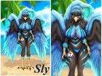  2022 anthro avian beach beak bikini bird black_body black_feathers blue_body blue_eyes blue_feathers breasts clothing day detailed_background digital_media_(artwork) eyebrows eyelashes feathered_wings feathers female midriff mifa navel non-mammal_breasts outside sand seaside shoreline sky small_waist solo standing swimwear water wide_hips wings 