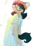  2019 accessory anthro aruurara bangs black_nose black_tail bra_strap brown_ears brown_hair canid canine clothing dress entwined_fingers eyewear flower flower_in_hair flower_wreath fur furgonomics glasses green_eyes hair hair_accessory hands_behind_back head_turned hi_res kemono looking_at_viewer male mammal meme_(aruurara) petals pigtails plant profile_view solo tail_through_skirt tan_body tan_fur teenager young 