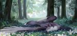  2022 ambiguous_gender black_nose canid canine dannoitanart day detailed_background digital_media_(artwork) feral forest fur grass grey_body grey_fur hybrid mammal outside plant solo tree white_body white_fur 