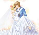  1boy 1girl blonde_hair blue_eyes blue_suit bride brown_eyes brown_hair carrying dress fire_emblem fire_emblem:_thracia_776 floral_wreath formal groom hetero husband_and_wife leif_faris_claus looking_at_another nanna_(fire_emblem) okumi one_eye_closed princess_carry smile suit wedding_dress 