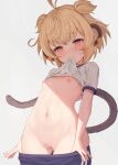  2022 andira_(granblue_fantasy) animal_humanoid bandage blonde_hair blush bodily_fluids breasts clothed clothing clothing_lift female granblue_fantasy hair hi_res humanoid kimblee_(artist) mammal mammal_humanoid monkey_humanoid navel nipples primate primate_humanoid pussy_tape shirt shirt_lift small_breasts solo sweat topwear undressing 