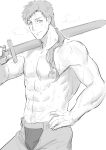  1boy closed_mouth greyscale haiki_(tegusu) hand_on_hip highres holding holding_sword holding_weapon looking_at_viewer mole mole_under_eye monochrome mushoku_tensei nipples pants paul_greyrat ponytail rattail simple_background smile sweat sword topless_male weapon white_background 
