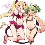  2girls ahoge aimitsu_(ibityuttyu) bikini blonde_hair blush breasts dated demon_tail double_v flat_chest frilled_bikini frills green_eyes green_hair jewelry kisaki_emiri long_hair magia_record:_mahou_shoujo_madoka_magica_gaiden mahou_shoujo_madoka_magica miyako_hinano multiple_girls necklace one_eye_closed petite ponytail red_eyes sandals small_breasts striped striped_bikini sweatdrop swimsuit tail twintails v very_long_hair 