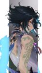  1boy absurdres arm_tattoo bangs bead_necklace beads black_hair blue_hair commentary_request from_side genshin_impact highres jewelry looking_at_viewer makeup male_focus multicolored_hair necklace orange_eyes profile seicoh simple_background sleeveless solo tassel tattoo upper_body xiao_(genshin_impact) 