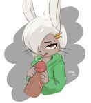  absurd_res anthro biskydraws bodily_fluids genitals hair hi_res lagomorph leporid male mammal penis rabbit red_eyes saliva saliva_string silver_hair solo tongue tongue_out 