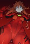  1girl blood blue_eyes blurry breasts depth_of_field eyelashes hair_between_eyes hairpods highres lcl long_hair medium_breasts neon_genesis_evangelion open_mouth orange_hair plugsuit sameda_koban skin_tight souryuu_asuka_langley 