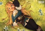  1girl arm_up artist_name black_gloves black_pants blonde_hair blue_eyes blue_shirt blush commentary english_commentary fingerless_gloves flower forehead gloves grass long_hair lying outdoors pants pointy_ears princess_zelda sheikah_slate shirt silent_princess solo syertse teeth the_legend_of_zelda the_legend_of_zelda:_breath_of_the_wild white_flower 