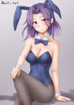  1girl animal_ears anti_(untea9) black_pantyhose blue_leotard blush breasts cleavage closed_mouth detached_collar fake_animal_ears feet_out_of_frame highres kantai_collection leotard medium_breasts pantyhose playboy_bunny purple_eyes purple_hair rabbit_ears short_hair smile solo strapless strapless_leotard tatsuta_(kancolle) twitter_username wrist_cuffs 