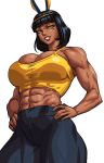  1509virgoart 1girl abs black_hair breasts cleavage hair_ornament hand_on_hip large_breasts muscular muscular_female original smile solo sportswear tank_top tattoo teeth white_background yellow_eyes 