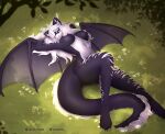  absurd_res anthro areola belly black_body breasts catdragon crystal elysianelly female hair hi_res horn hybrid lying nipples on_back on_grass solo spread_wings white_belly white_hair wings 