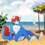  1:1 4_toes absurd_res anthro beach blue_body blue_ears blue_fur blue_tail canid canine cheek_tuft clothed clothing duo eldiman facial_tuft feet fur fur_tuft hair hi_res looking_at_viewer male mammal nipples pawpads pecs red_body red_fur red_hair sand seaside shadow soles solo_focus toes topless tuft two_tone_tail walking water 