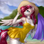  absurd_res anthro beach breasts cleavage clothed clothing cutie_mark dress ear_piercing equid equine female freckles hair hasbro hi_res mammal medium_breasts multicolored_hair my_little_pony pegasus piercing red_hair seaside solo two_tone_hair wings yutakira92 