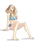  1girl :d arm_support barefoot bikini blonde_hair blue_bikini blue_eyes breasts english_commentary feet full_body invisible_chair long_hair looking_at_viewer medium_breasts navel open_mouth persona persona_5 phrecklesart sitting smile solo swimsuit takamaki_anne toes twintails 