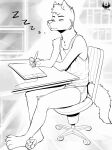  2022 4_toes anthro bulge canid canine cheek_tuft claws clothed clothing eldiman eyebrows eyes_closed facial_tuft feet finger_claws fingers fur fur_tuft hi_res male mammal monochrome pawpads sitting sleeping sleeveless_shirt soles sound_effects toe_claws toes topwear tuft zzz 