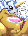  absurd_res anthro balls bandai_namco bodily_fluids digimon digimon_(species) dsub9 foreskin foreskin_stretching gabumon genital_fluids genitals hi_res looking_at_viewer male penis precum slightly_chubby smegma smelly solo sweat sweatdrop text 