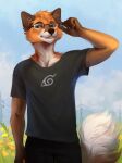  2022 5_fingers anthro canid canine dannoitanart day detailed_background digital_media_(artwork) eyebrows eyelashes eyewear fingers fox fur glasses hi_res male mammal orange_body orange_fur outside sky solo white_body white_fur 