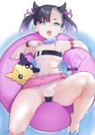  1girl black_hair closed_mouth covered_navel food grey_hair gris_swimsuit holding holding_food hot_vr innertube looking_at_viewer marnie_(pokemon) melting meme_attire morpeko multicolored_hair navel one-piece_swimsuit open_mouth pokemon pokemon_(creature) pokemon_(game) pokemon_swsh popsicle smile swimsuit tongue tongue_out twintails water 