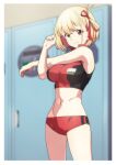  1girl absurdres blonde_hair breasts buruma date_naoto hair_ribbon highres indoors large_breasts locker locker_room looking_at_viewer lycoris_recoil nishikigi_chisato red_eyes ribbon short_hair smile solo stretching tank_top yellow_eyes 