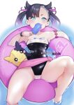  1girl black_hair closed_mouth covered_navel food food_in_mouth grey_hair gris_swimsuit holding holding_food hot_vr innertube looking_at_viewer marnie_(pokemon) melting meme_attire morpeko multicolored_hair navel nipples one-piece_swimsuit pokemon pokemon_(creature) pokemon_(game) pokemon_swsh popsicle pussy see-through smile swimsuit twintails water 