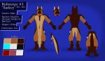  absurd_res anthro blue_background blue_eyes blue_markings brown_body brown_fur canid canine canis chest_fur domestic_dog fox fur german_shepherd herding_dog hi_res inner_ear_fluff male mammal markings model_sheet nude open_mouth pastoral_dog paw_markings red_fox red_tongue sarkvy sheepdog simple_background solo t-pose text tongue tuft 