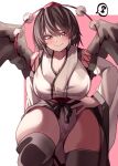  1girl bird_wings black_hair black_wings breasts cleavage hat highres japanese_clothes large_breasts maboroshi_mochi pom_pom_(clothes) red_eyes shameimaru_aya short_hair solo thighhighs thighs tokin_hat touhou wings 