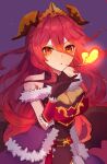  1girl bangs bare_shoulders black_gloves breasts breathing_fire cleavage dragalia_lost fire fur_trim gloves hair_between_eyes hair_ornament heart highres large_breasts long_hair mym_(dragalia_lost) noivis_bear parted_lips purple_background red_eyes red_hair solo very_long_hair 