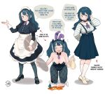  1girl absurdres alcohol animal_ears black_footwear blue_hair blue_leotard blue_pantyhose blue_shirt blue_skirt blush breasts choker closed_eyes cup drinking_glass english_text fake_animal_ears freckles highres holding holding_tray kneeling large_breasts leotard long_hair long_sleeves looking_at_viewer maid maid_headdress multicolored_shirt original overall_skirt pantyhose parted_lips playboy_bunny ponytail purple_eyes shirt skirt socks solo speech_bubble striped striped_shirt sui_(suizilla) tray twintails white_footwear white_shirt white_socks wine wine_glass 