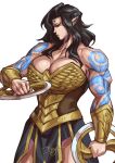  1509virgoart 1girl black_hair blue_eyes bracer breasts chakram cleavage dual_wielding elf holding large_breasts long_hair muscular muscular_female original pointy_ears red_eyes skirt solo tattoo third_eye weapon white_background wonder_woman 