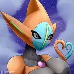  1:1 2022 alien anthro baterco big_breasts black_sclera blue_body blush breasts bust_portrait chest_gem deoxys female generation_3_pokemon gesture grey_eyes hi_res huge_breasts legendary_pokemon looking_at_viewer mouthless multicolored_body nintendo not_furry orange_body pokemon pokemon_(species) portrait signature simple_background sky solo star starry_sky tail_gesture tail_heart two_tone_body video_games 