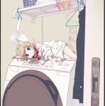  1girl 40hara animal_ears blonde_hair cat_ears cat_girl cat_tail collar commentary_request green_eyes indoors kinako_(40hara) looking_at_viewer lying on_side original shelf shirt solo tail washing_machine white_shirt 