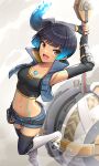  absurdres blue_hair chest_jewel fiery_hair glowing_lines gonzarez hammer highres holding holding_hammer holding_weapon leggings navel sena_(xenoblade) shoulder_strap side_ponytail sports_bra weapon xenoblade_chronicles_(series) xenoblade_chronicles_3 