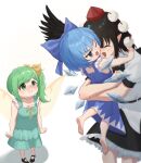  3girls absurdres aqua_dress barefoot bird_wings black_footwear black_hair black_skirt black_wings blue_bow blue_dress blue_eyes blue_hair blush bow cirno closed_mouth collared_shirt daiyousei detached_wings dress esthoric fairy fairy_wings feathered_wings frilled_skirt frills green_eyes green_hair hair_between_eyes hair_bow hat highres ice ice_wings jealous long_hair multiple_girls open_mouth pointy_ears pom_pom_(clothes) red_headwear shameimaru_aya shirt shoes short_hair short_sleeves side_ponytail simple_background skirt socks tokin_hat touhou white_background white_shirt white_socks wings 