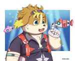  anthro blonde_hair blush canid canine canis domestic_dog fish floppy_ears hair harness hisaki_(live-a-hero) lifewonders live-a-hero machine male mammal marine mirai8k pawpads robot slightly_chubby smile solo underwater video_games water 
