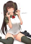  1girl ar-15 assault_rifle black_hair black_thighhighs cameltoe camouflage camouflage_shirt girls&#039;_frontline green_eyes green_hair gun highleg highleg_panties highres long_hair m4_carbine m4a1_(girls&#039;_frontline) mosa331 multicolored_hair neck_ribbon panties paw_pose ribbon rifle shirt sitting streaked_hair thighhighs twintails underwear wariza weapon white_background white_panties white_shirt 