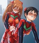  blush bodysuit breasts bulge closed_eyes cum ejaculation erection erection_under_clothes futa_on_male futa_with_male futanari hair_ornament highres ikari_shinji neon_genesis_evangelion orange_hair pegging pilot_suit plugsuit raitaroo sex sex_from_behind souryuu_asuka_langley 