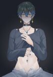  1boy artist_request black_hair black_shirt blue_hair closed_mouth collar crop_top earrings ike_eveland jewelry long_sleeves male_focus multicolored_hair navel navel_piercing necklace nijisanji nijisanji_en open_pants pants piercing shirt short_hair solo source_request stomach virtual_youtuber white_pants yellow_eyes 