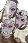  3girls armor blue_skin blush breastplate colored_sclera colored_skin fangs glaring hair_over_one_eye mossacannibalis multiple_girls one_eye_covered open_mouth red_eyes red_sclera scowl short_hair simple_background t&#039;au warhammer_40k white_background white_hair 