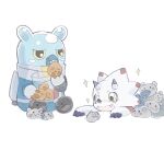  anthro bandai_namco black_claws blue_body claws cookie digimon digimon_(species) digimon_ghost_game duo eating espimon food gammamon goo_creature horn male simple_background spacesuit white_background white_body ybhk77 yellow_eyes 