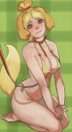  1girl :3 animal_collar animal_crossing animal_ears barefoot between_breasts bikini blonde_hair body_freckles breasts bright_pupils cleavage collar covered_nipples dog_ears dog_girl dog_tail english_commentary freckles full_body green_background green_eyes highres humanization isabelle_(animal_crossing) large_breasts leash lips looking_at_viewer micro_bikini mole mole_on_breast mossacannibalis personification pet_play photo-referenced seiza short_hair side-tie_bikini_bottom sitting smile soles solo swimsuit tail toes topknot underboob viewer_holding_leash white_pupils yellow_bikini 