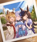  3girls ahoge animal_ears ayacho black_hair blonde_hair blush character_request closed_eyes dog_ears granblue_fantasy highres horse_ears long_hair multiple_girls one_eye_closed picture_(object) rice_shower_(umamusume) school_uniform smile tracen_school_uniform umamusume 