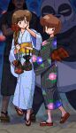  2girls brown_eyes brown_hair facial_hair father_and_daughter festival hair_ornament hands_on_own_face highres japanese_clothes kimono multiple_girls mustache open_mouth panda ranma_1/2 saotome_genma_(panda) siblings sisters tendou_kasumi tendou_nabiki tendou_souun toes wanta_(futoshi) yukata 